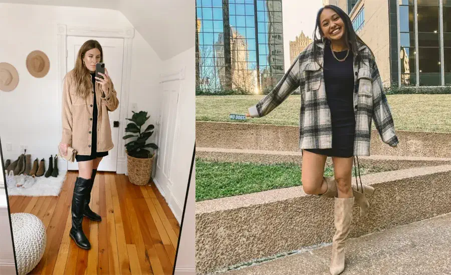 shacket outfit ideas Dress and Knee-High Boots