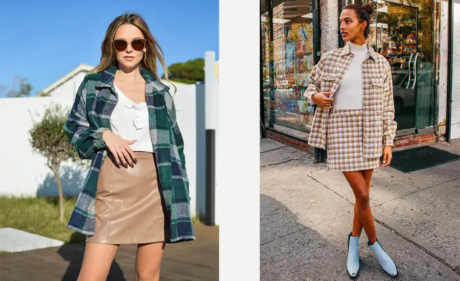 shacket outfit ideas With a mini skirt